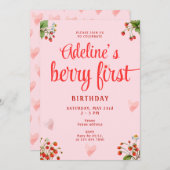 ベリーファーストピンクストロベリー1st誕生日パーティー 招待状 (正面/裏面)