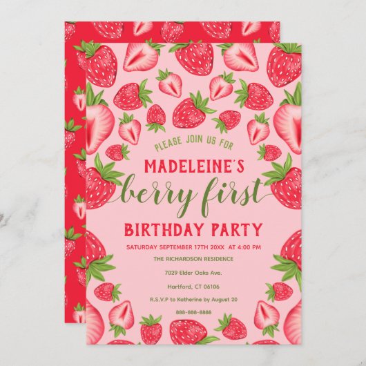 ベリーファーストピンクストロベリー1st誕生日パーティー 招待状 (正面/裏面)