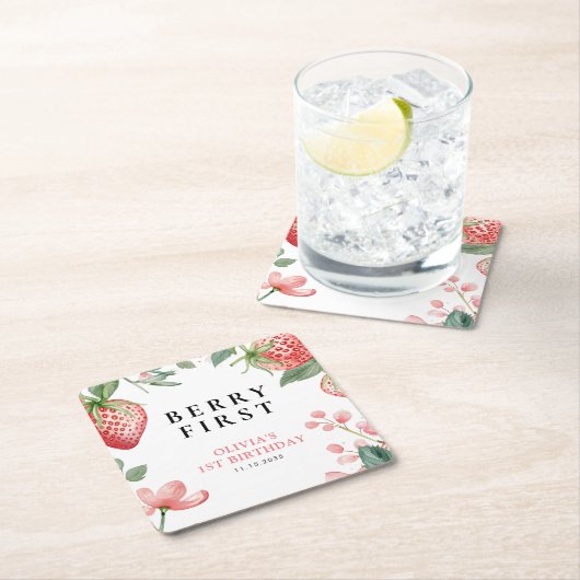 ベリーファーストピンクフローラ1st誕生日 スクエアペーパーコースター (インサイチュ)