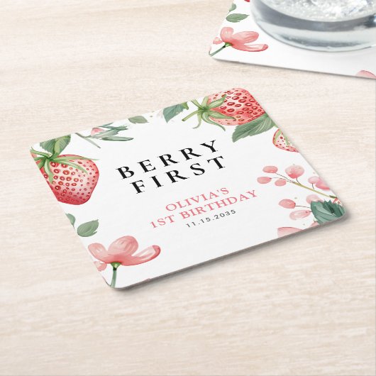 ベリーファーストピンクフローラ1st誕生日 スクエアペーパーコースター (アングル)
