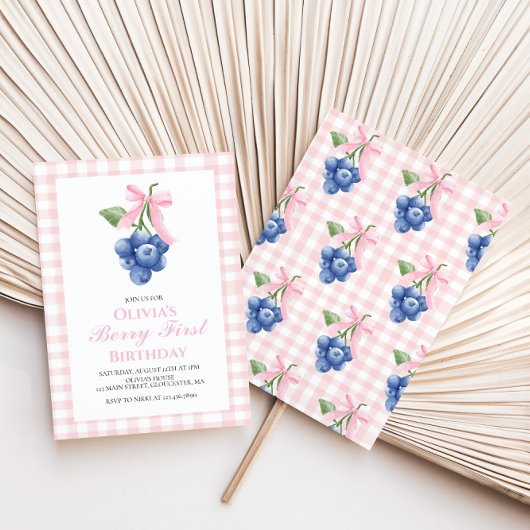 ベリーファーストブルーベリーピンクボウコケット誕生日 招待状