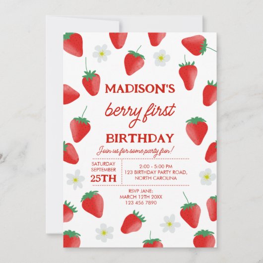 ベリーファーストワン誕生日ストロベリーフォト 招待状 (正面)