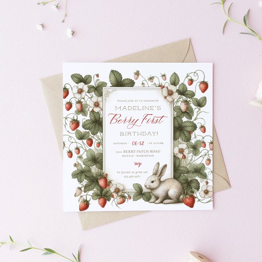 ベリーファーストヴィンテージストロベリーガール1st誕生日 招待状