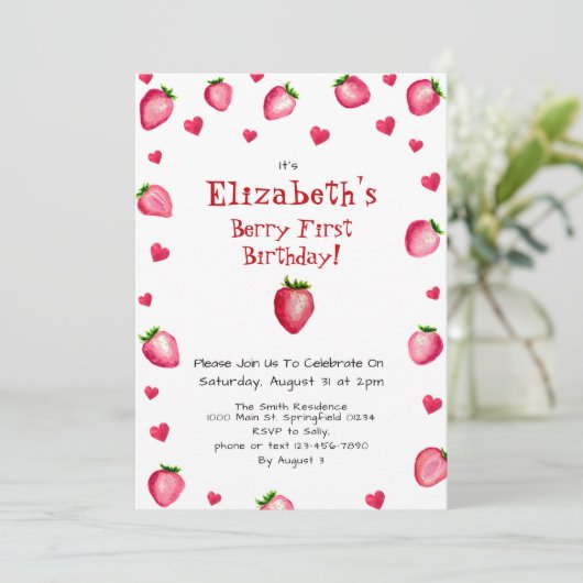 ベリーファースト誕生日いちごカスタム写真1st 招待状 (スタンド正面)