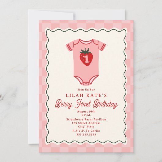 ベリーファースト誕生日いちご市松模様にボディスーツ 招待状 (正面)
