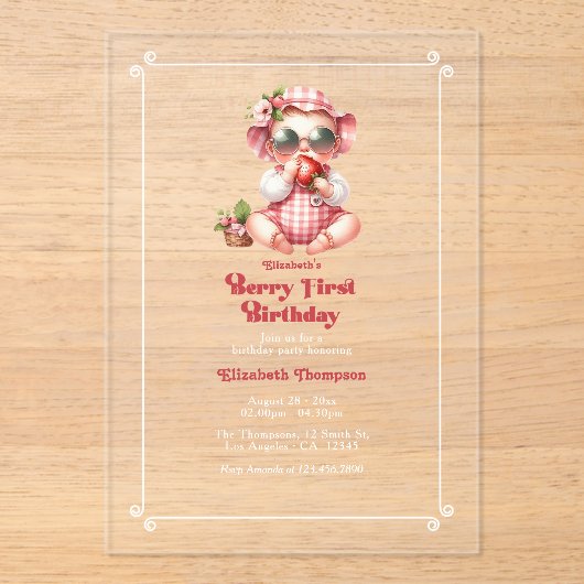 ベリーファースト誕生日いちご1st誕生日パーティー アクリル招待状 (正面)