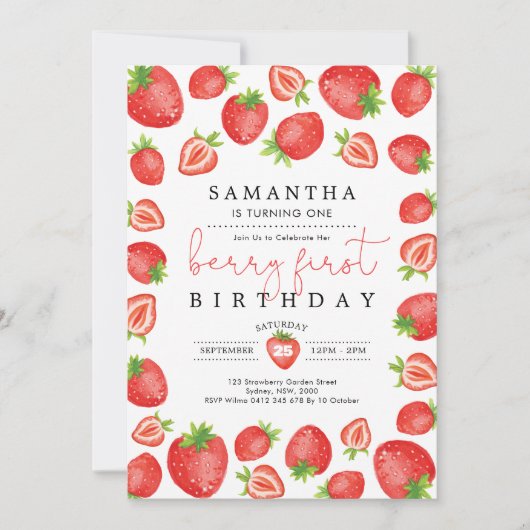 ベリーファースト誕生日いちご1st誕生日パーティー 招待状 (正面)