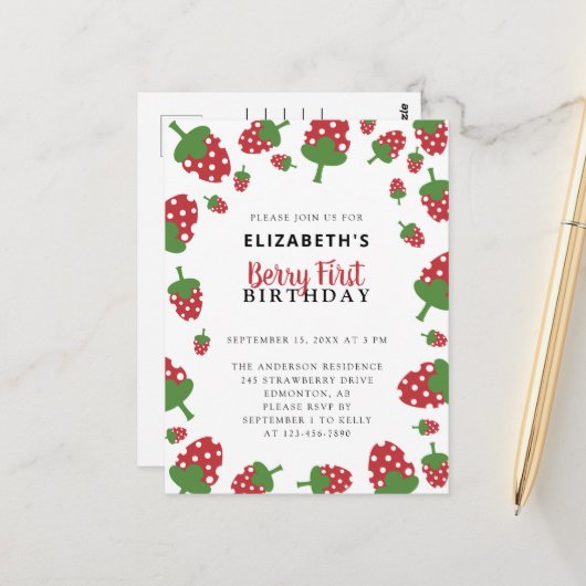 ベリーファースト誕生日かわいいイチゴかわいい女の子 ポストカード (正面/裏面インサイチュ)
