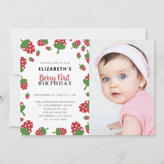 ベリーファースト誕生日かわいいイチゴの写真 招待状 (正面)