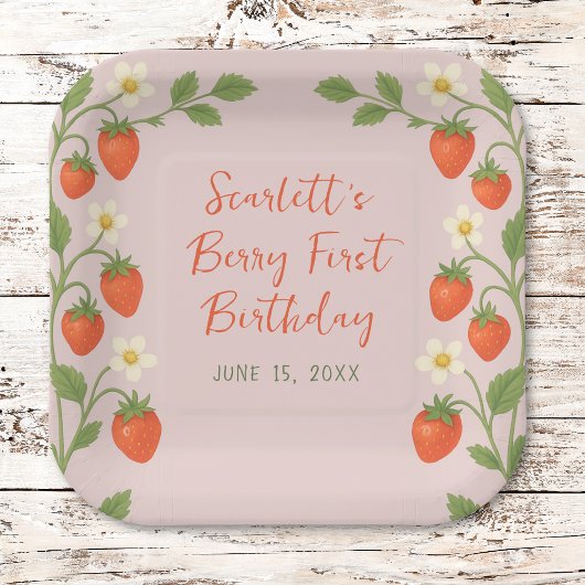 ベリーファースト誕生日かわいいイチゴフローラピンク ペーパープレート