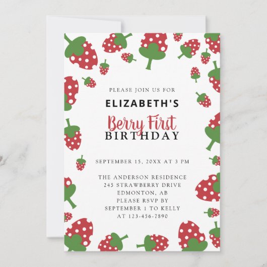 ベリーファースト誕生日かわいいイチゴ 招待状 (正面)