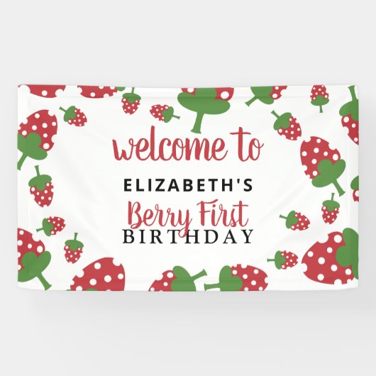 ベリーファースト誕生日かわいいストロベリーガールレッド 横断幕 (横)