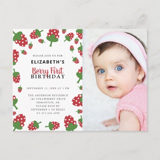 ベリーファースト誕生日かわいいストロベリーフォトインビタット ポストカード (正面)