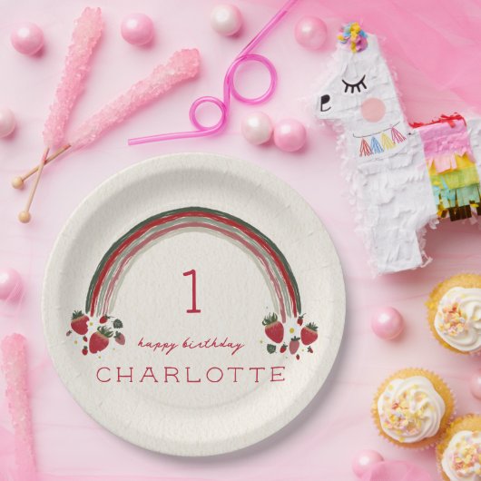 ベリーファースト誕生日イチゴフローラレインボー ペーパープレート (パーティー)