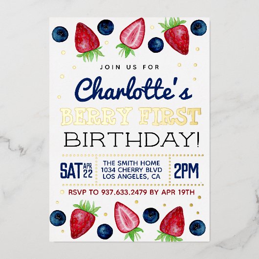 ベリーファースト誕生日イチゴ 箔招待状 (正面)