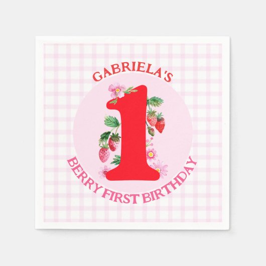 ベリーファースト誕生日ウォーターカラーイチゴ スタンダードカクテルナプキン (正面)