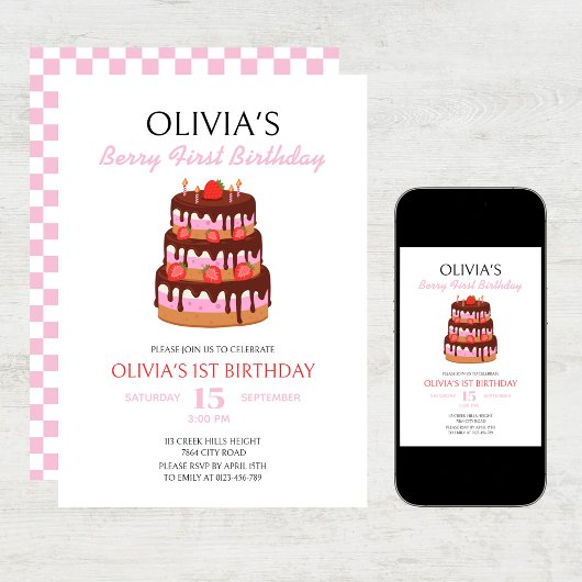 ベリーファースト誕生日ストロベリーケーキ誕生日 招待状