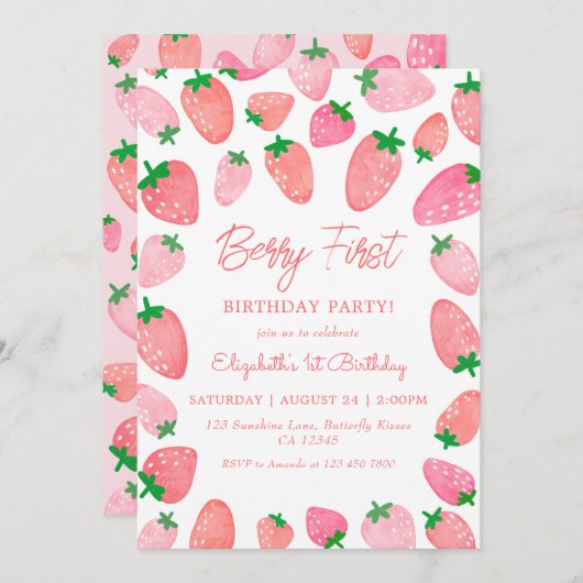 ベリーファースト誕生日ストロベリーファースト誕生日 招待状 (正面/裏面)