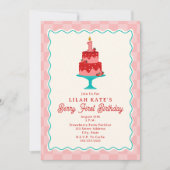 ベリーファースト誕生日チェッカーボードストロベリーケーキ 招待状 (正面)