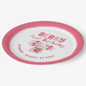 ベリーファースト誕生日テディベアストロベリーピンクボ ペーパープレート (アングル)