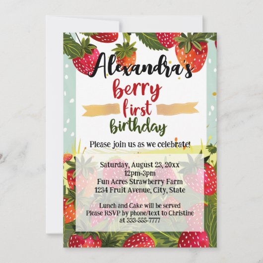 ベリーファースト誕生日パーティーガールズストロベリー1st 招待状 (正面)