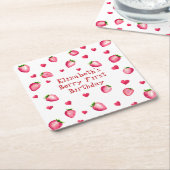 ベリーファースト誕生日パーティーストロベリーハート スクエアペーパーコースター (アングル)