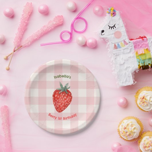 ベリーファースト誕生日ピンク&プレイド紙プレート ペーパープレート (パーティー)