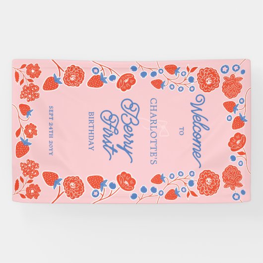 ベリーファースト誕生日フローラストロベリーウェルカム 横断幕 (横)