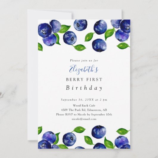 ベリーファースト誕生日ブルーベリーウォーターエレガントカラー 招待状 (正面)