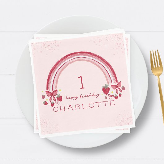 ベリーファースト誕生日レインボーストロベリーボウズ スタンダードランチョンナプキン