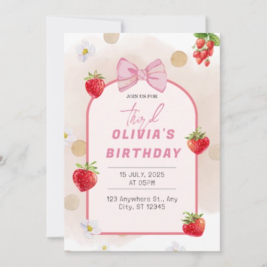 ベリーファースト誕生日レッドストロベリーデイジーパーティー 招待状 (正面)