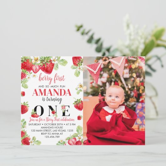 ベリーファースト誕生日招待状ストロベリーテーマ 招待状 (スタンド正面)