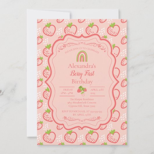 ベリーファースト誕生日1stバースデーストロベリー 招待状 (正面)
