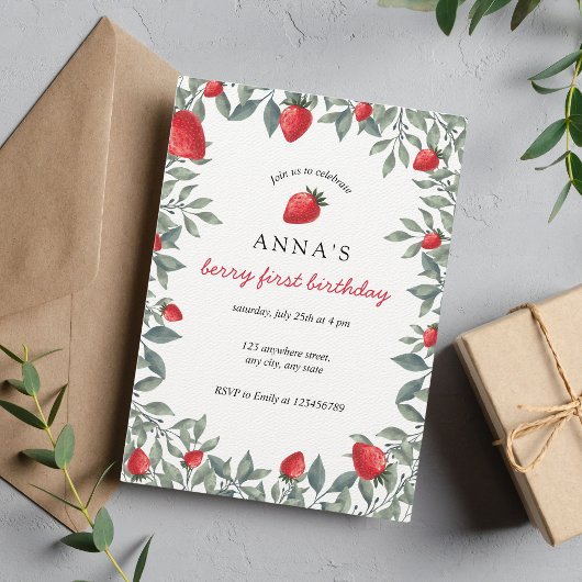 ベリーファースト誕生日 |ストロベリーテーマの誕生日 招待状