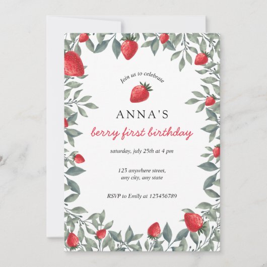 ベリーファースト誕生日 |ストロベリーテーマの誕生日 招待状 (正面)