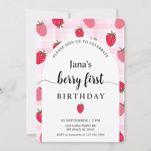 ベリーファースト誕生日 | ピンクプレイド&ストロベリー 招待状 (正面)