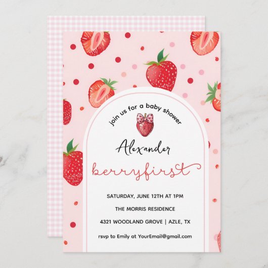 ベリーファースト誕生日、1st誕生日パーティーガール 招待状 (正面/裏面)