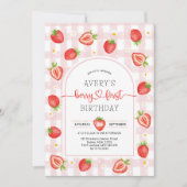 ベリーファースト誕生日 | Pink Gingham Strawberry 招待状 (正面)