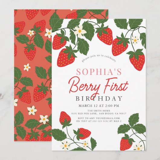 ベリーファースト赤いちごフローラ1st誕生日 招待状 (正面/裏面)