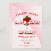 ベリーファースト赤とピンクのイチゴの誕生日パーティー 招待状 (正面/裏面)