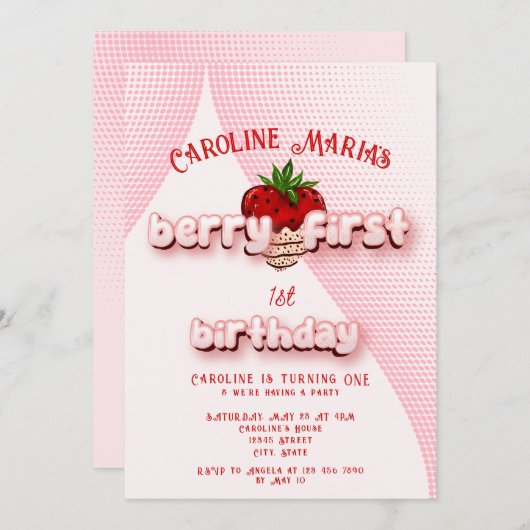 ベリーファースト赤とピンクのイチゴの誕生日パーティー 招待状 (正面/裏面)