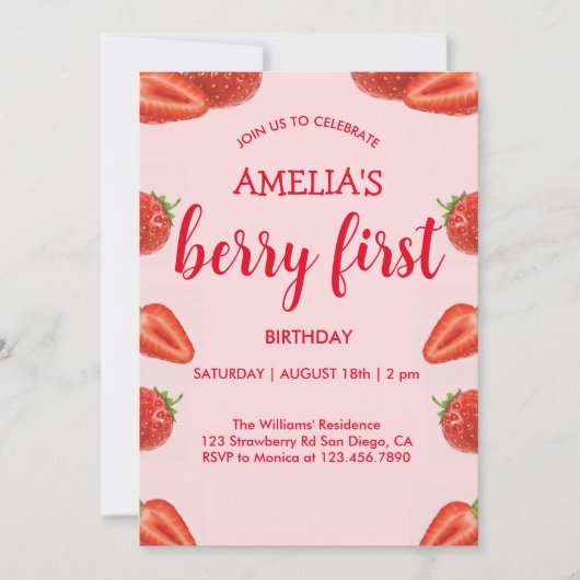 ベリーファースト |いちご1日の誕生日ピンク 招待状 (正面)
