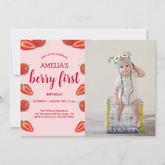 ベリーファースト |いちご1st誕生日ピンクの写真 招待状 (正面)