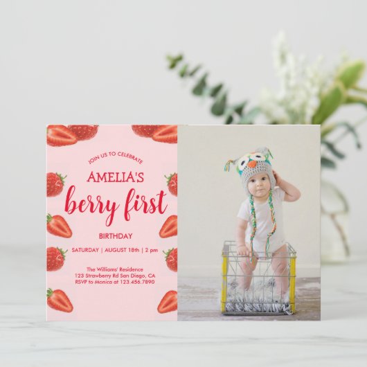 ベリーファースト |いちご1st誕生日ピンクの写真 招待状 (スタンド正面)