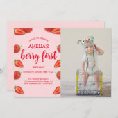 ベリーファースト |いちご1st誕生日ピンクの写真 招待状 (正面/裏面)