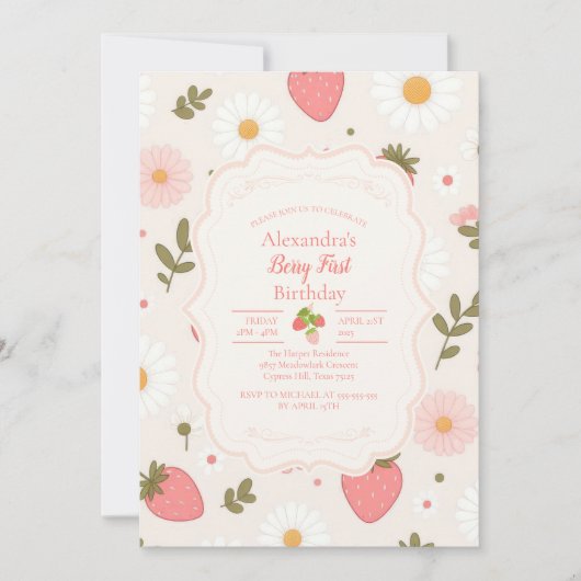 ベリーファースト |かわいいストロベリーガール1st誕生日 招待状 (正面)