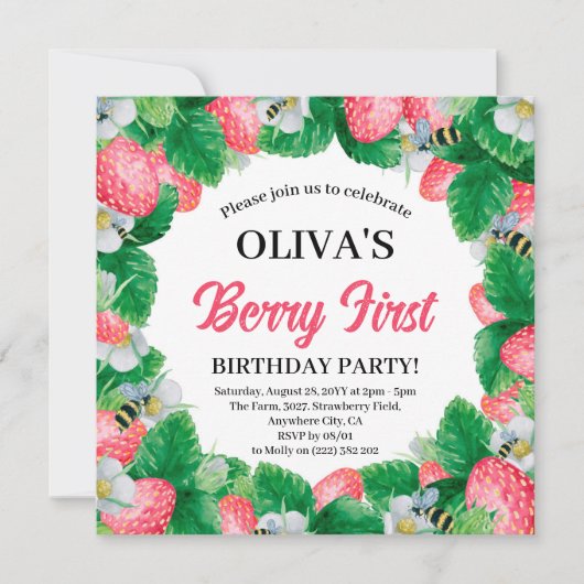 ベリーファースト・ウォーター・カラーいちご1歳の誕生日イン 招待状 (正面)