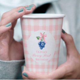 ベリーファースト・ブルーベリー誕生日ピンクボウギンガム 紙コップ