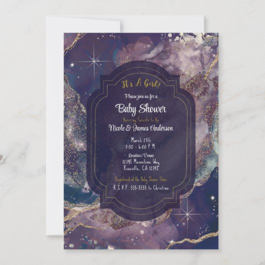 ベリーブルーウォーター色金ゴールド天ベビーシャワー 招待状 (正面)