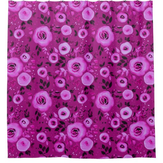 ベリーマゼンタの水彩花模様 シャワーカーテン (正面)